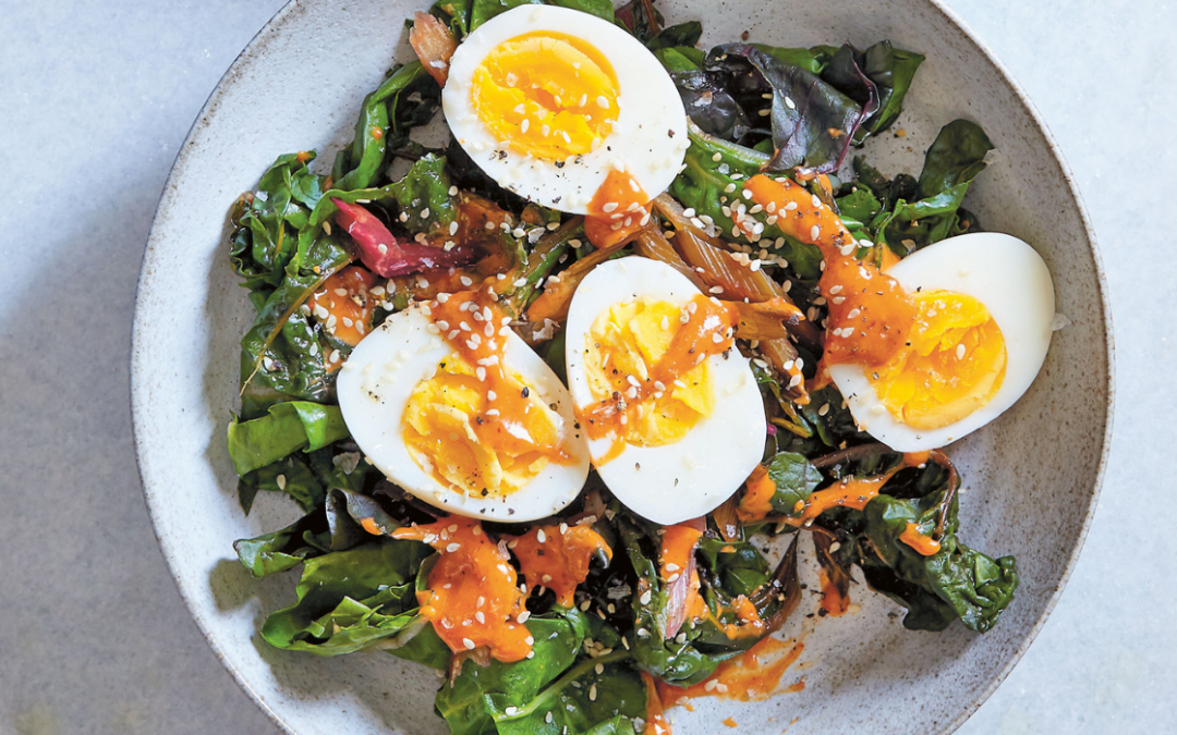 Nine-Minute Eggs with Steamed Greens and Kimchi Dressing