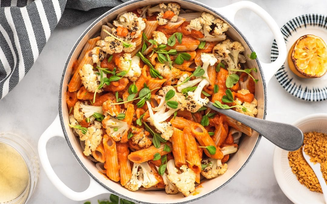 Creamy Romesco & Roasted Cauliflower Penne from ‘The Plant-Based Cookbook’